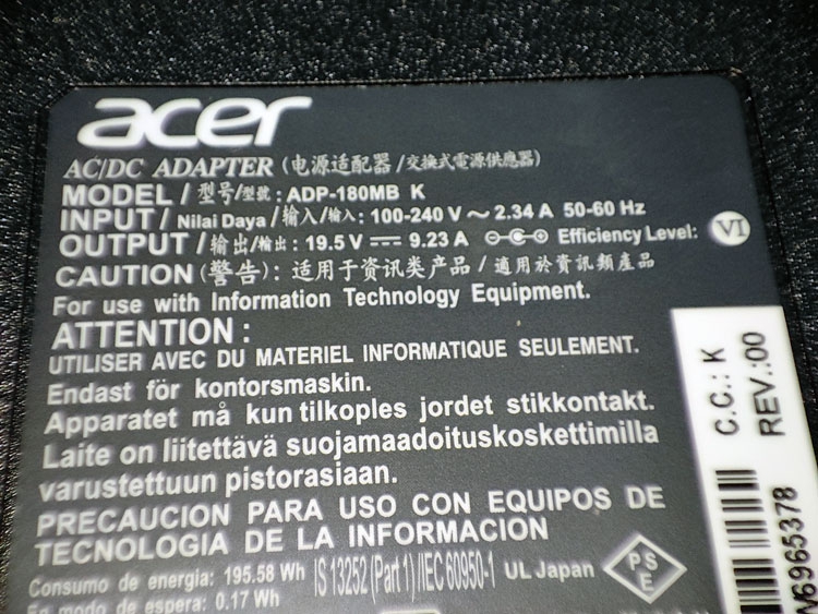   Acer ADP-180MB K 19.5V 9.23A 180W 7.4*5.0mm  Predator 17 N15P4 15 G9-591 15 G9-592 17 G5-793