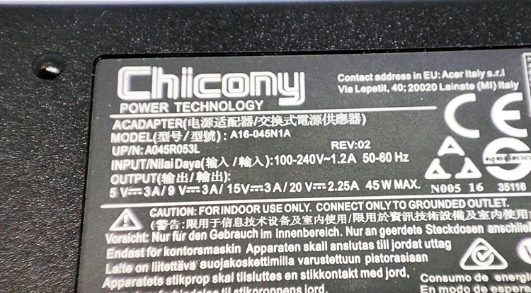   Chicony A18-045N1A 20V 2.25A Type-C  Acer Spin 7 SP714-51 N16Q12 N16Q10 N20C7