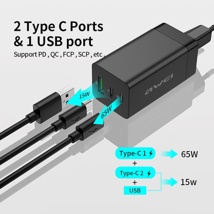    Awei 65W 2Type-C + 1USB  High Powered PD9